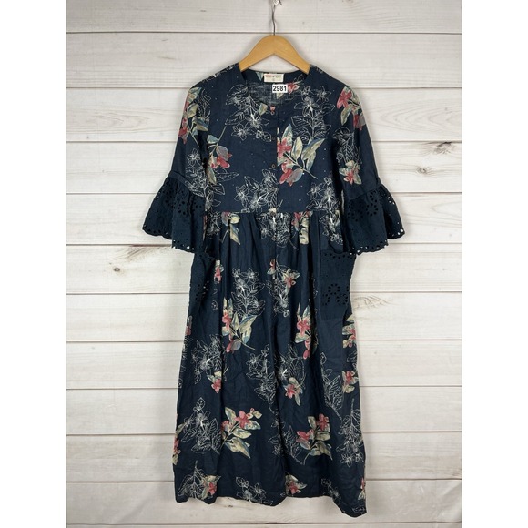 BOMBAY PAISLEY Dress S Blue Floral‎ Bell Sleeve Button Front Festival Pockets - Picture 1 of 10